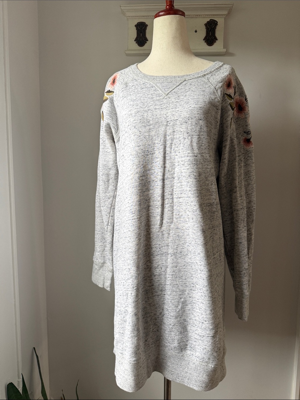 Abercrombie & Fitch Heather Gray Crewneck Sweater Dress Pink Floral Embroider